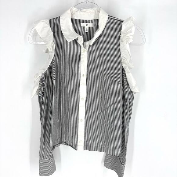 BP Stripe Cold Shoulder Blouse with Ruffle Detail Grey White Size XS - Picture 1 of 7